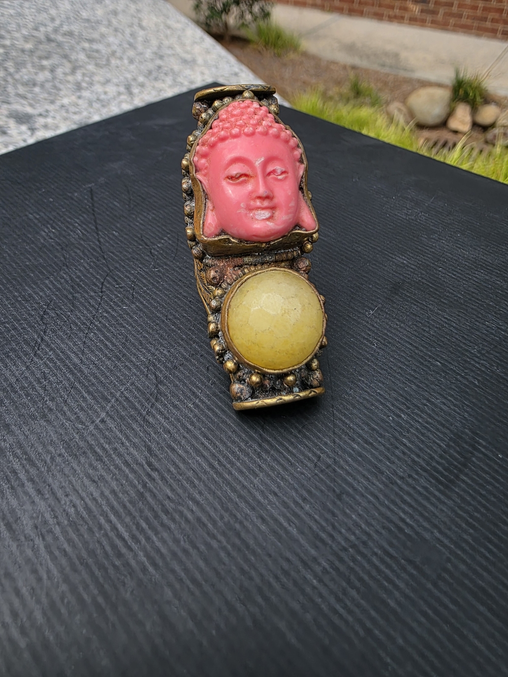 Pink Buddha Statement Ring with Yellow Stone